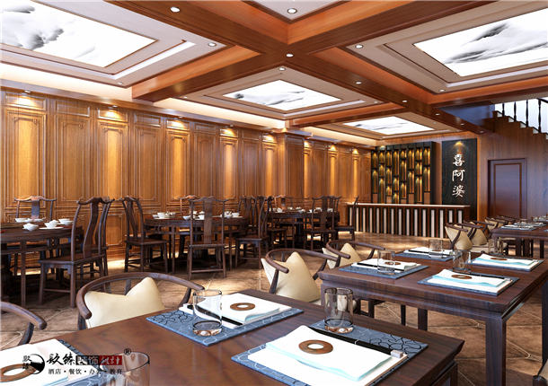 固原喜阿婆连锁餐厅装修设计|古典元素中植入现代文化感